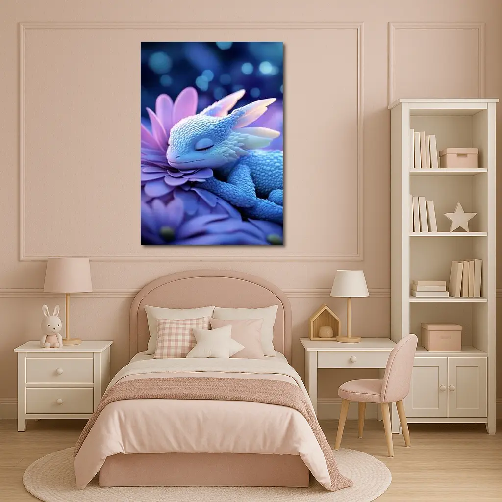 Sleeping Baby Dragon Blue Flowers Fantasy – Wall Art