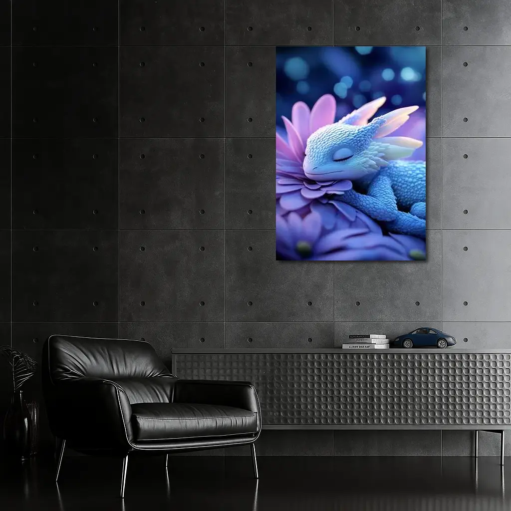 Sleeping Baby Dragon Blue Flowers Fantasy – Wall Art