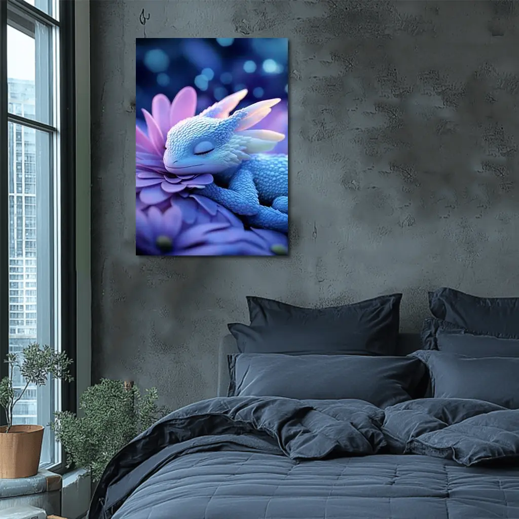 Sleeping Baby Dragon Blue Flowers Fantasy – Wall Art