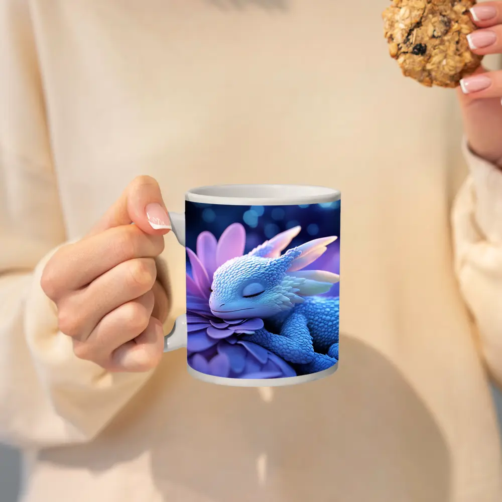 Sleeping Baby Dragon Blue Flowers Fantasy – Mugs
