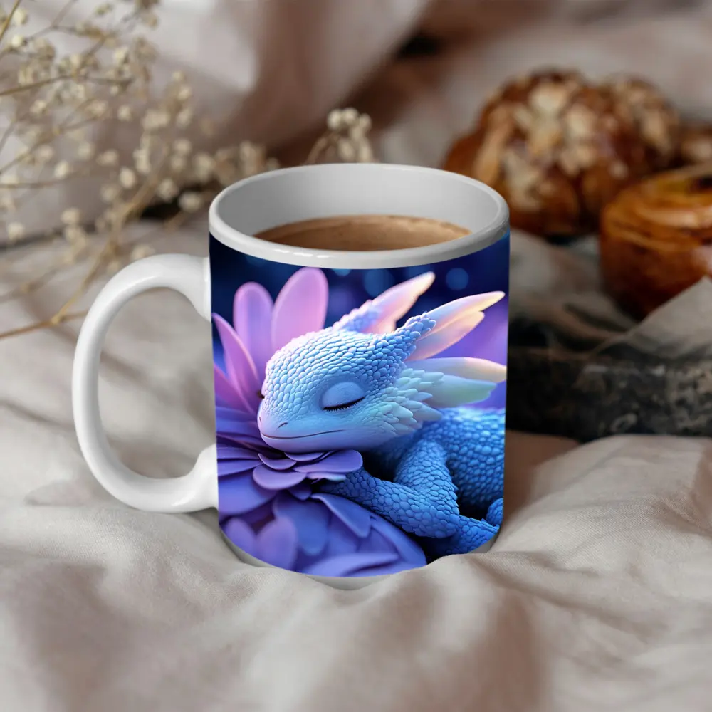 Sleeping Baby Dragon Blue Flowers Fantasy – Mugs