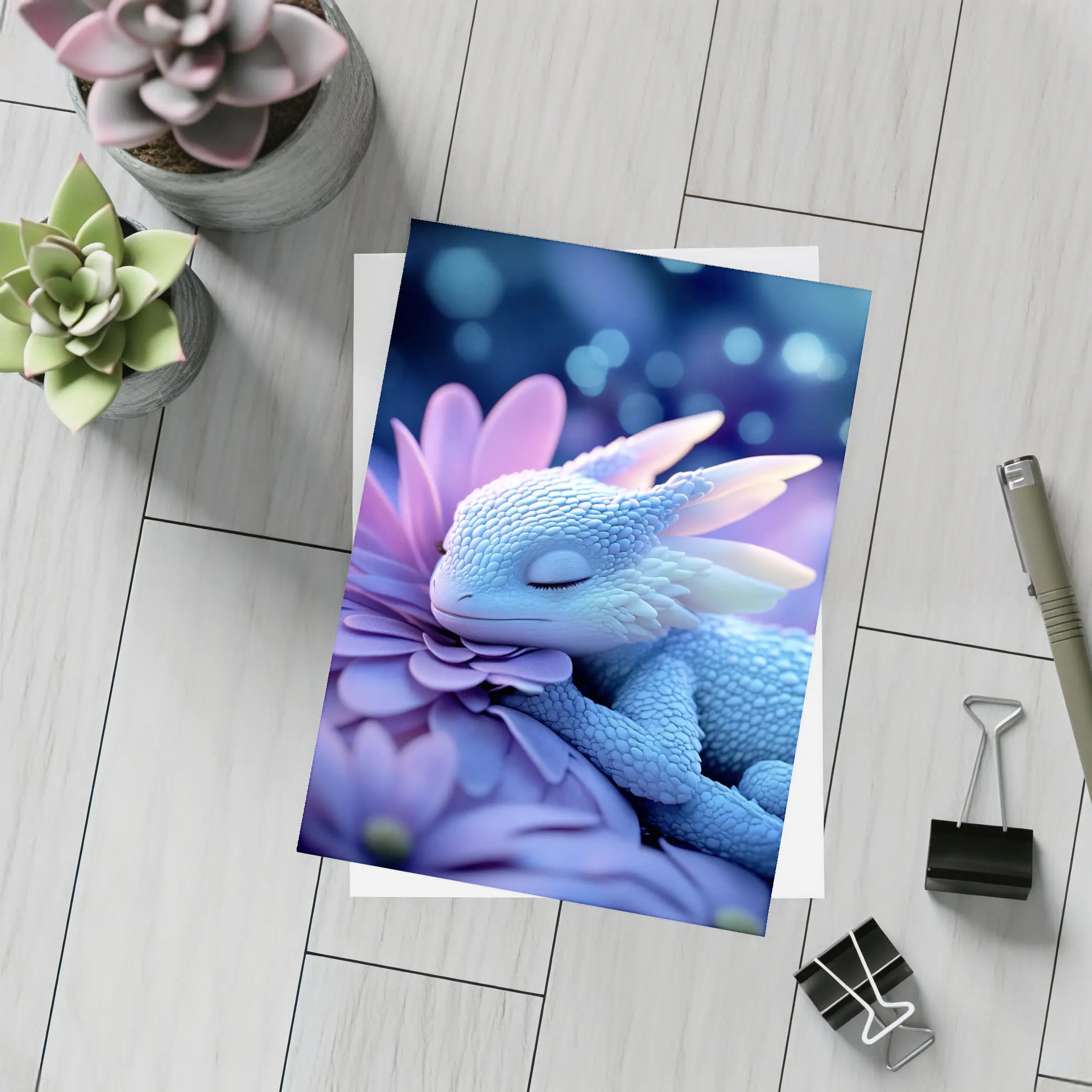 Sleeping Baby Dragon Blue Flowers Fantasy – Postcards