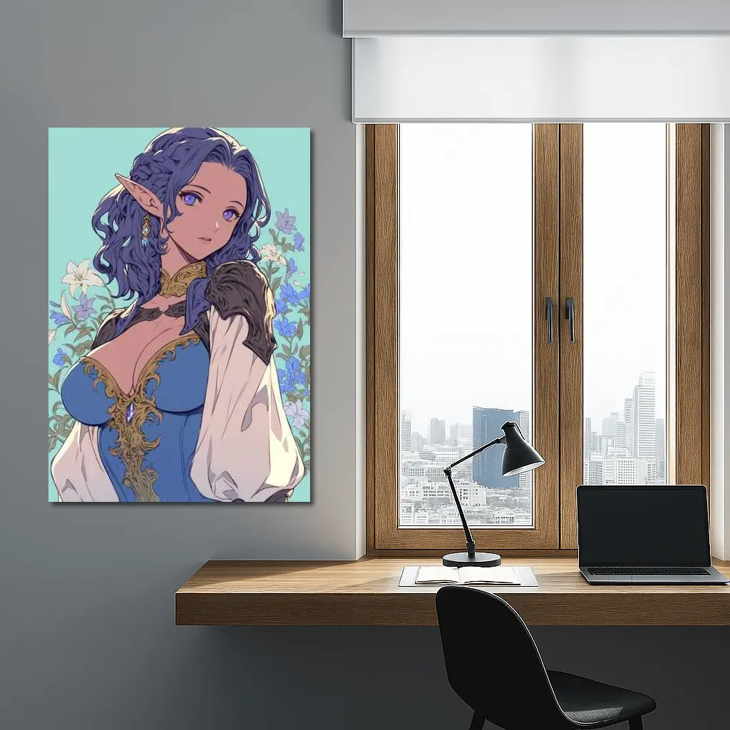 Anime Elf Girl Blue Hair Floral Background – Wall Art