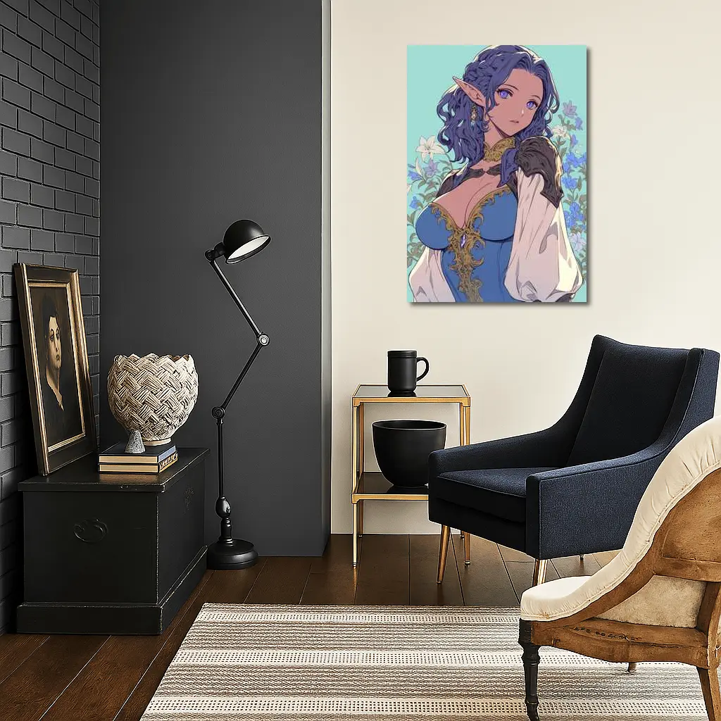 Anime Elf Girl Blue Hair Floral Background – Wall Art