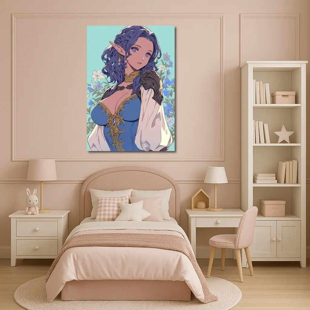 Anime Elf Girl Blue Hair Floral Background – Wall Art