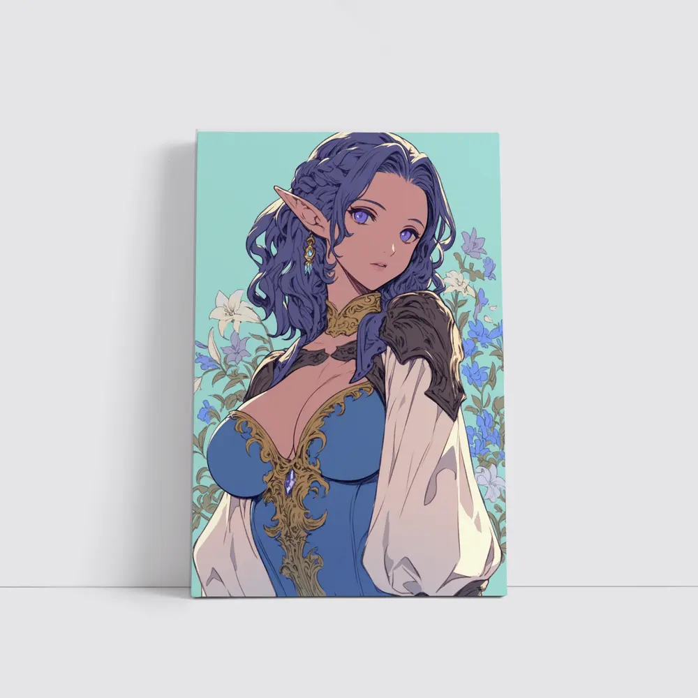Anime Elf Girl Blue Hair Floral Background – Wall Art