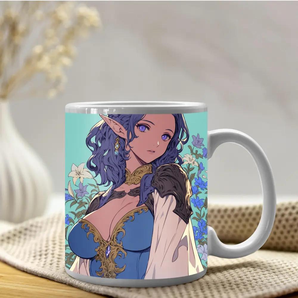 Anime Elf Girl Blue Hair Floral Background – Mugs