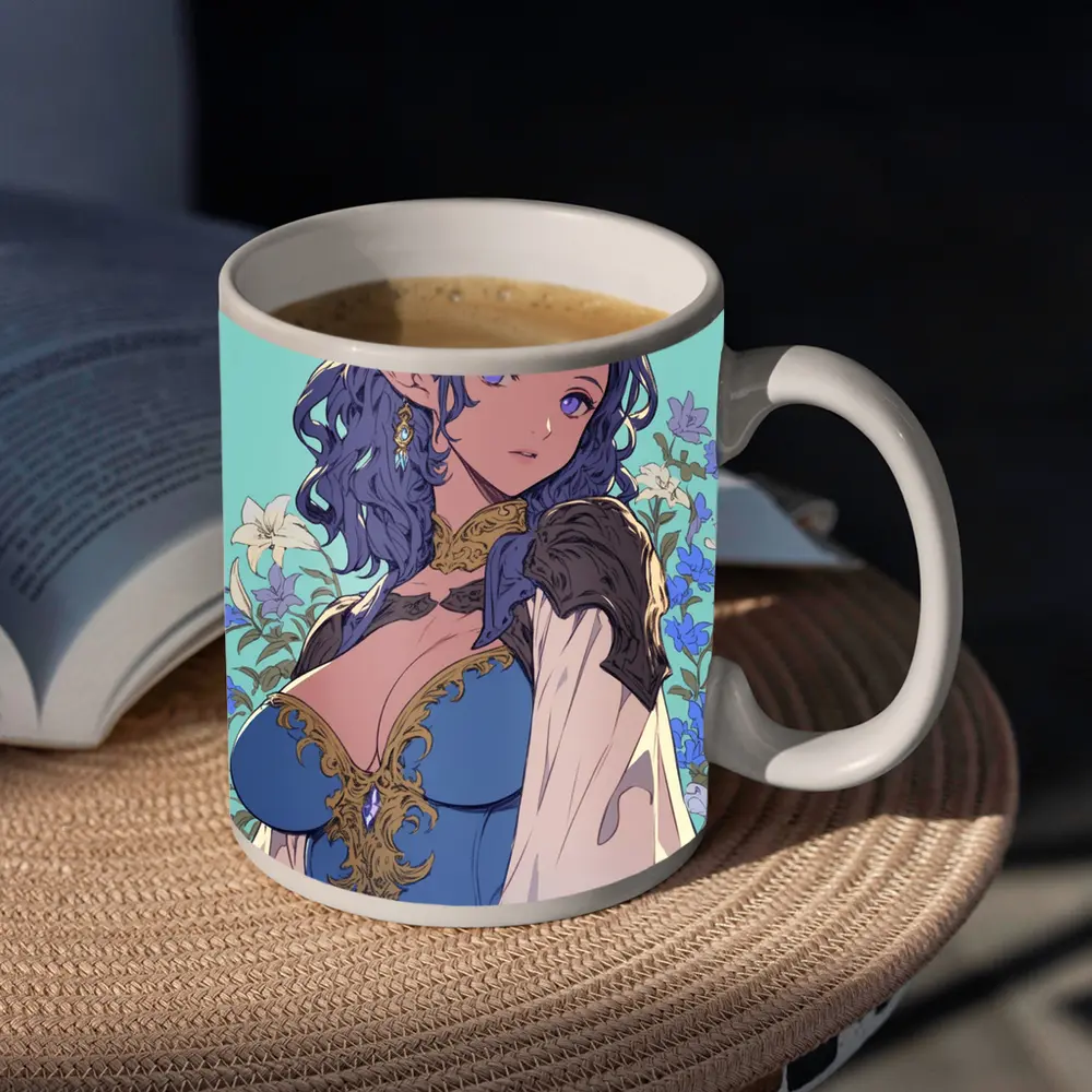 Anime Elf Girl Blue Hair Floral Background – Mugs