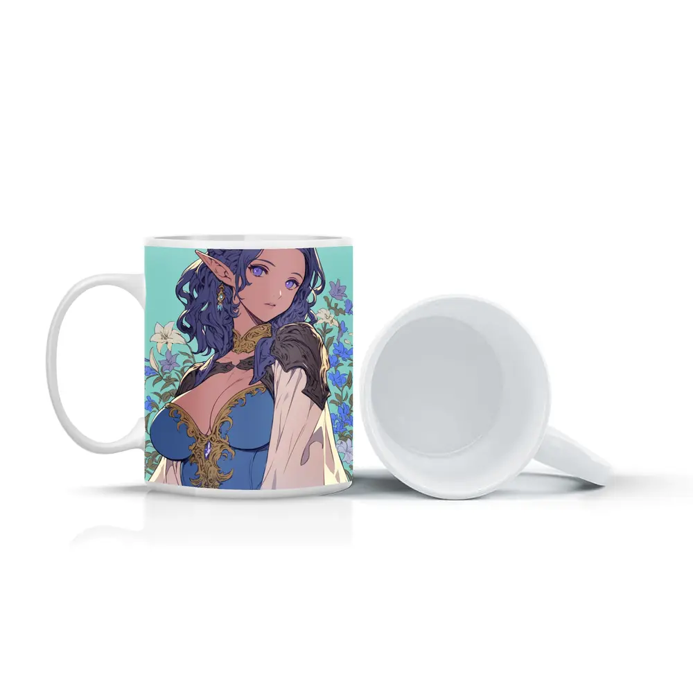 Anime Elf Girl Blue Hair Floral Background – Mugs