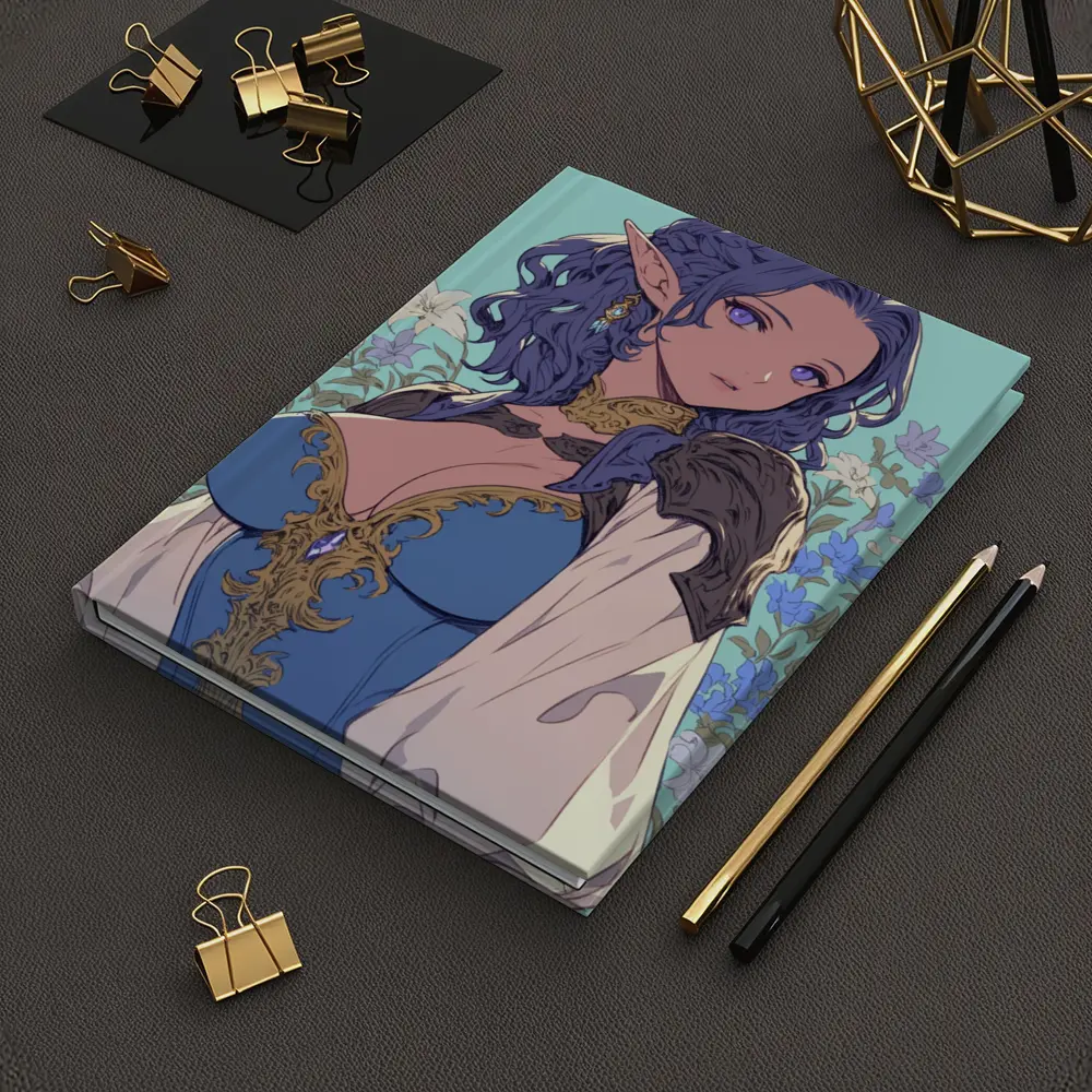 Anime Elf Girl Blue Hair Floral Background – Notebooks