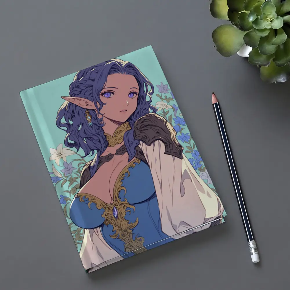 Anime Elf Girl Blue Hair Floral Background – Notebooks