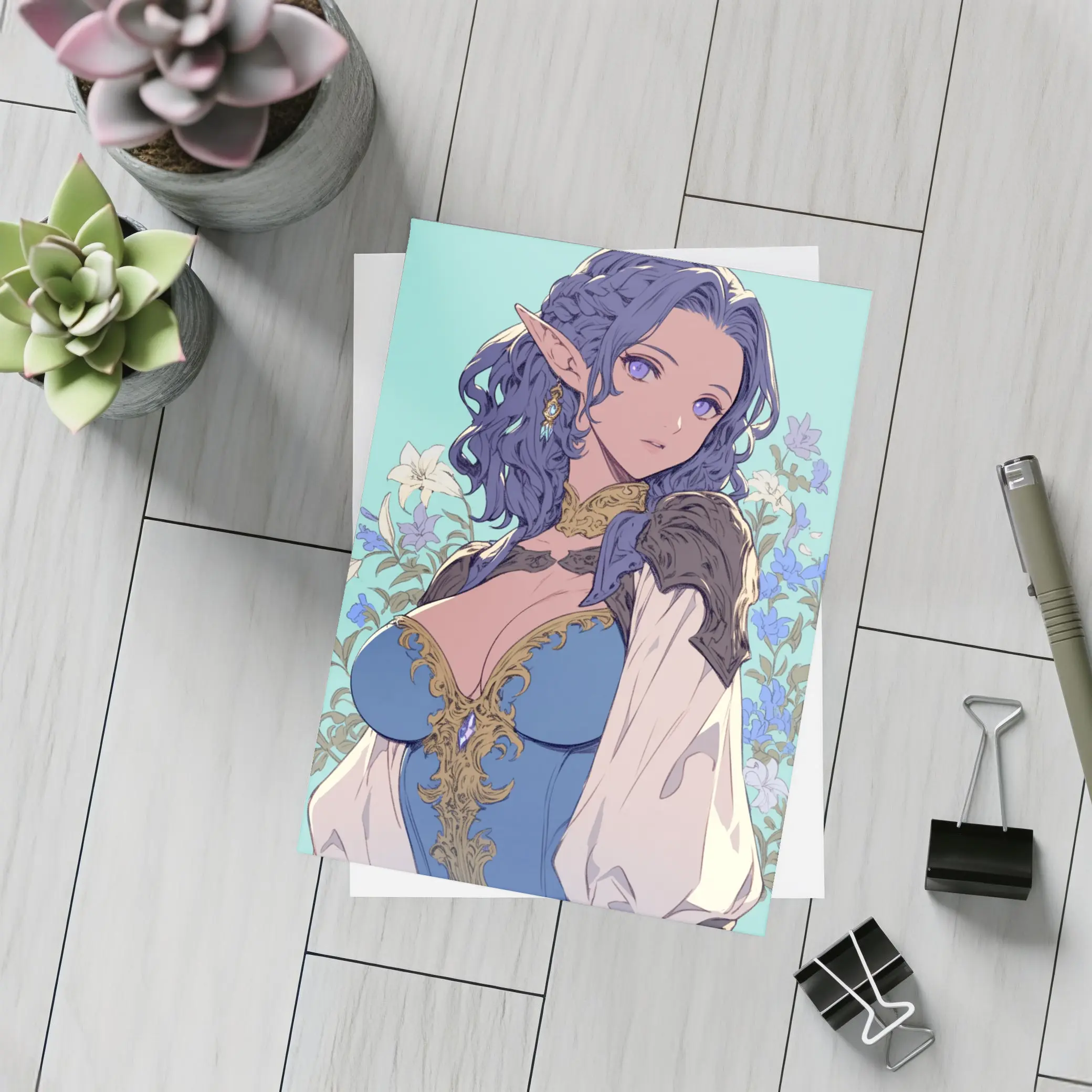 Anime Elf Girl Blue Hair Floral Background – Postcards