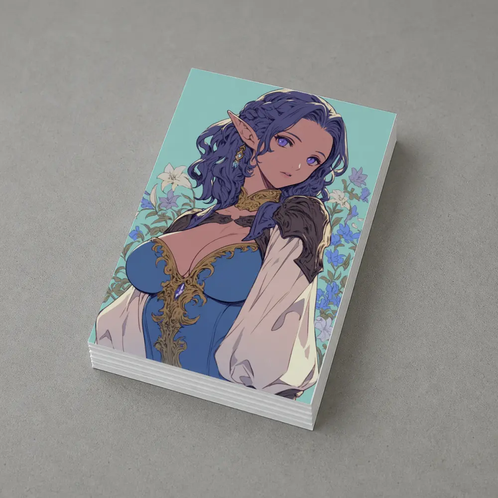 Anime Elf Girl Blue Hair Floral Background – Postcards