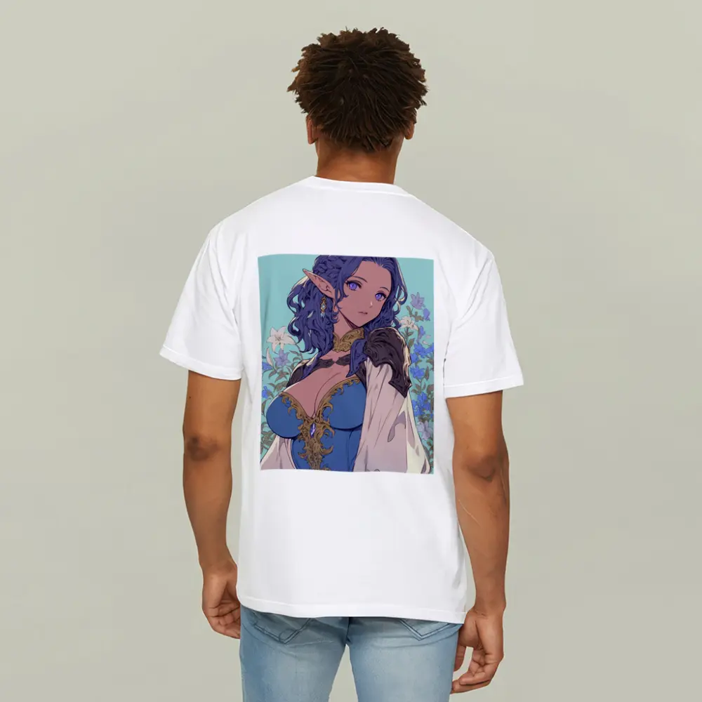 Anime Elf Girl Blue Hair Floral Background – T-Shirts
