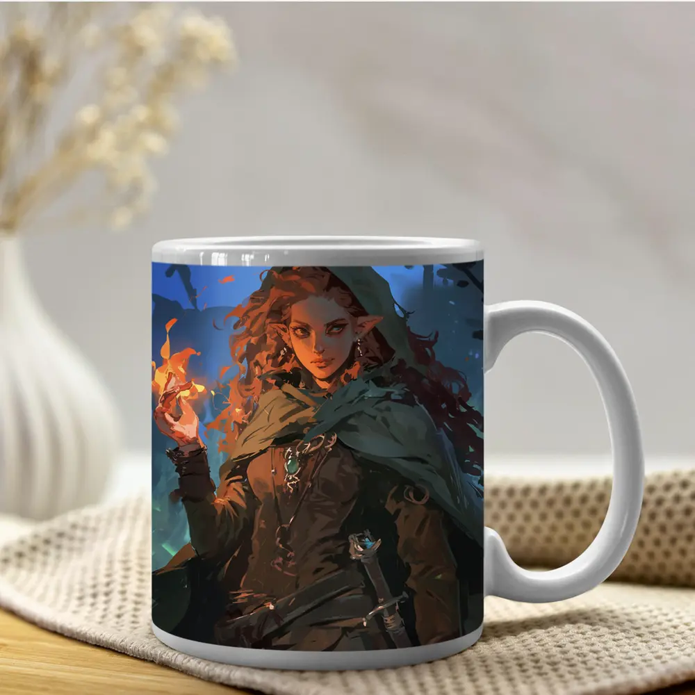 Red Hair Elf Mage Fire Forest Fantasy – Mugs