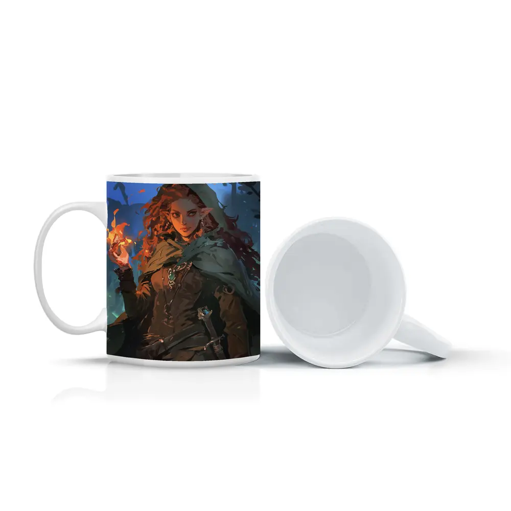 Red Hair Elf Mage Fire Forest Fantasy – Mugs