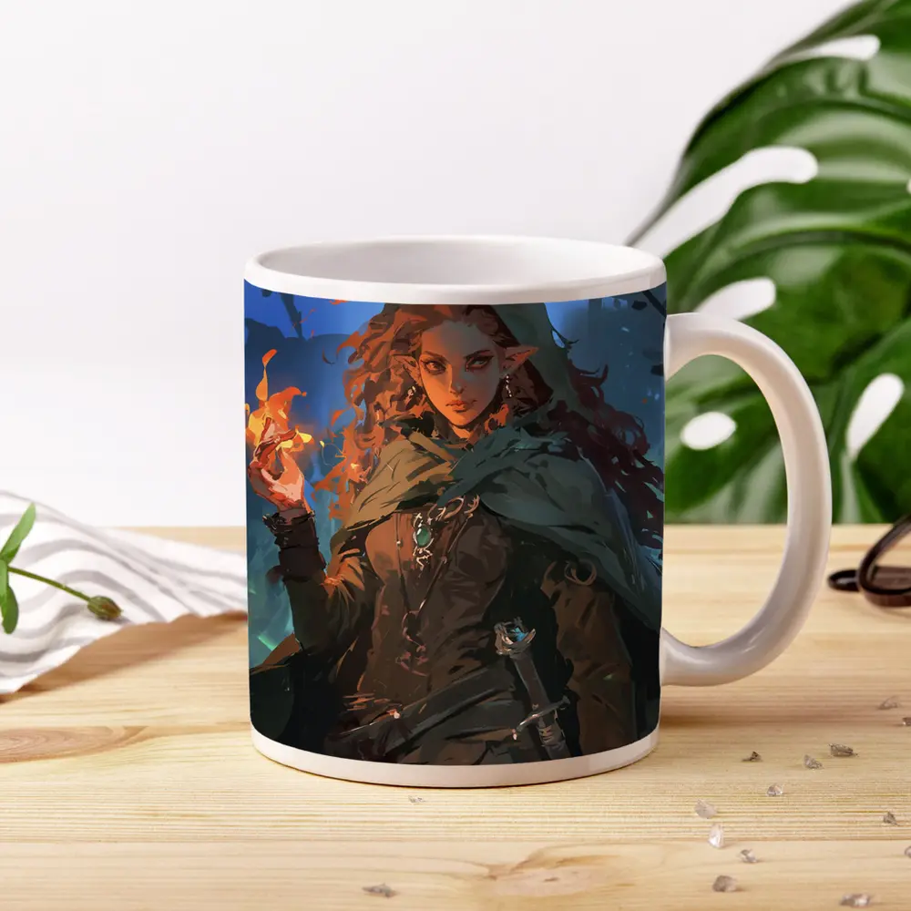 Red Hair Elf Mage Fire Forest Fantasy – Mugs