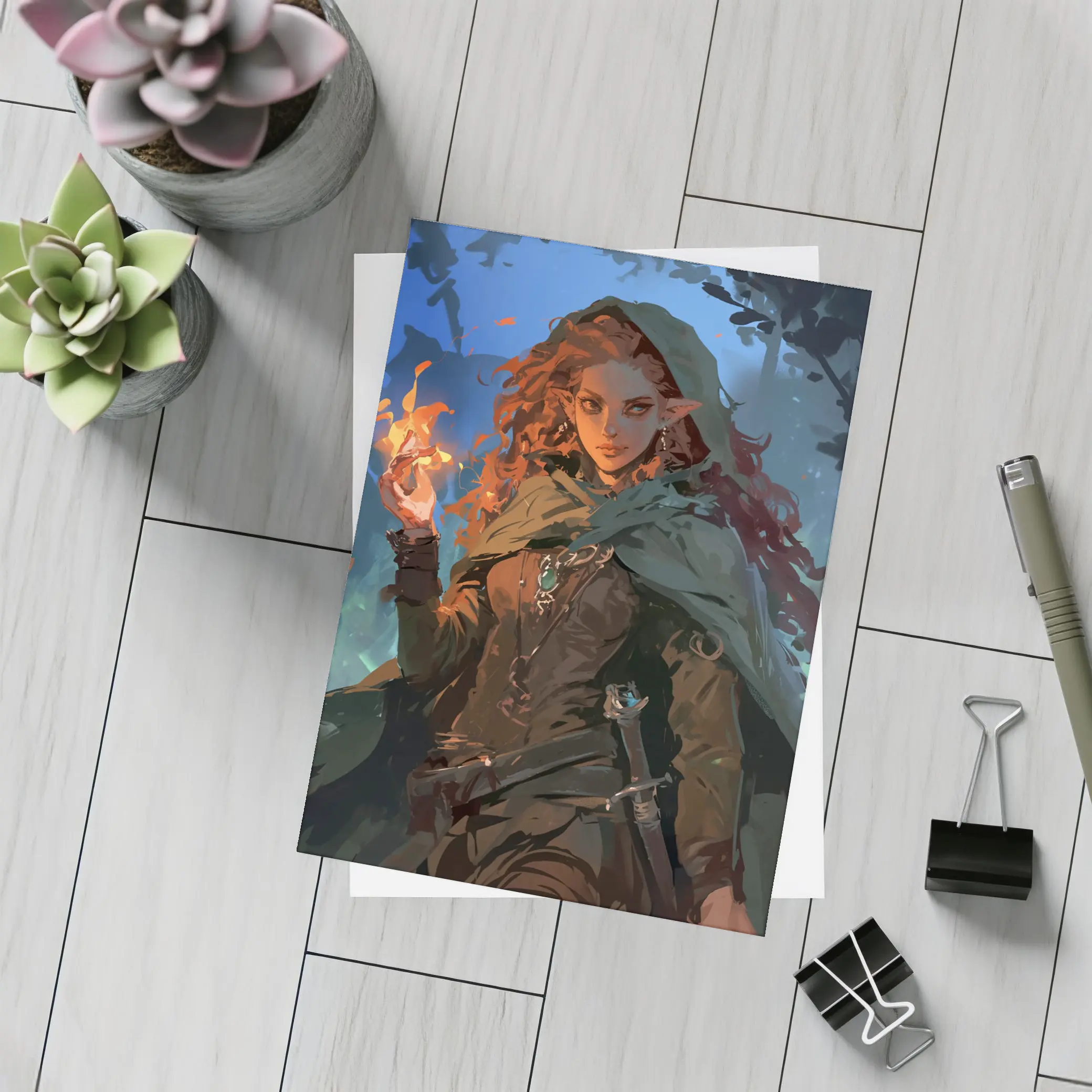 Red Hair Elf Mage Fire Forest Fantasy – Postcards