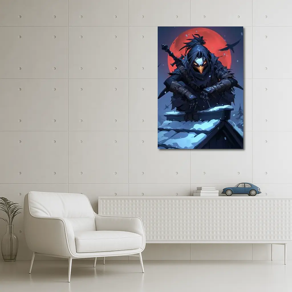 Dark Raven Ninja Warrior Red Moon Winter – Wall Art