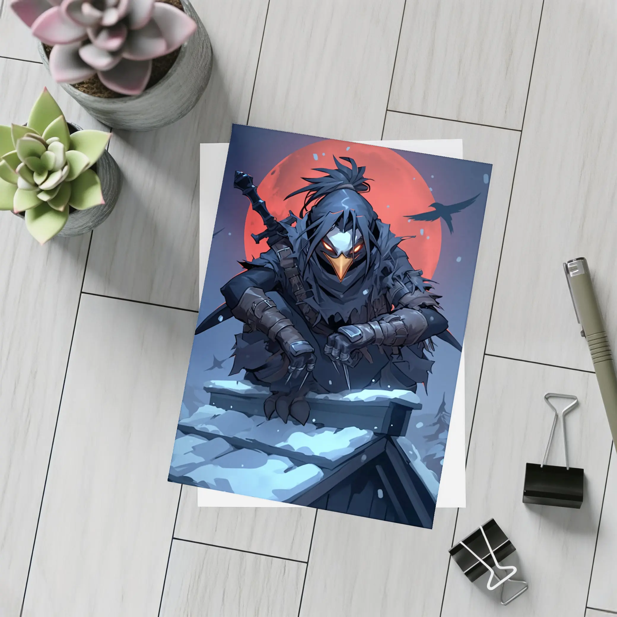 Dark Raven Ninja Warrior Red Moon Winter – Postcards