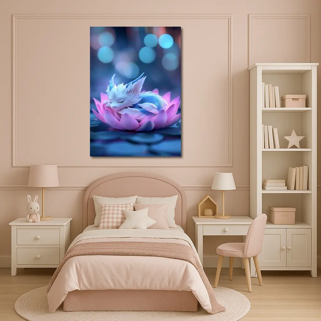 Sleeping Baby Dragon on Pink Lotus – Wall Art