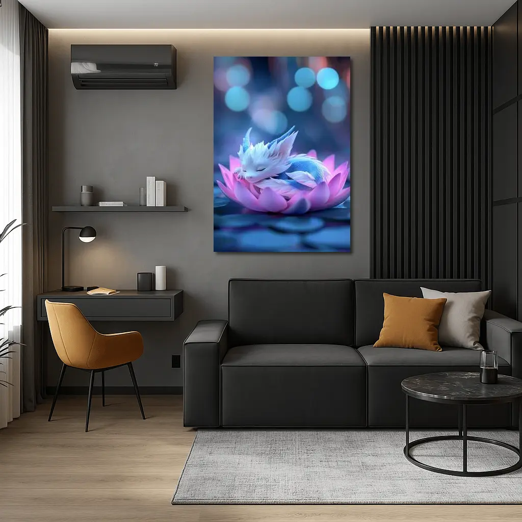 Sleeping Baby Dragon on Pink Lotus – Wall Art