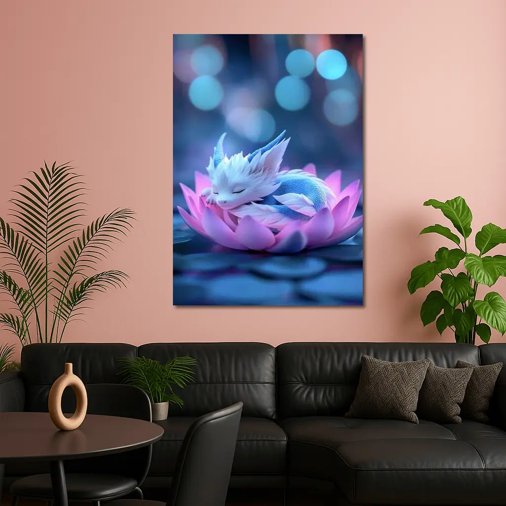Sleeping Baby Dragon on Pink Lotus – Wall Art