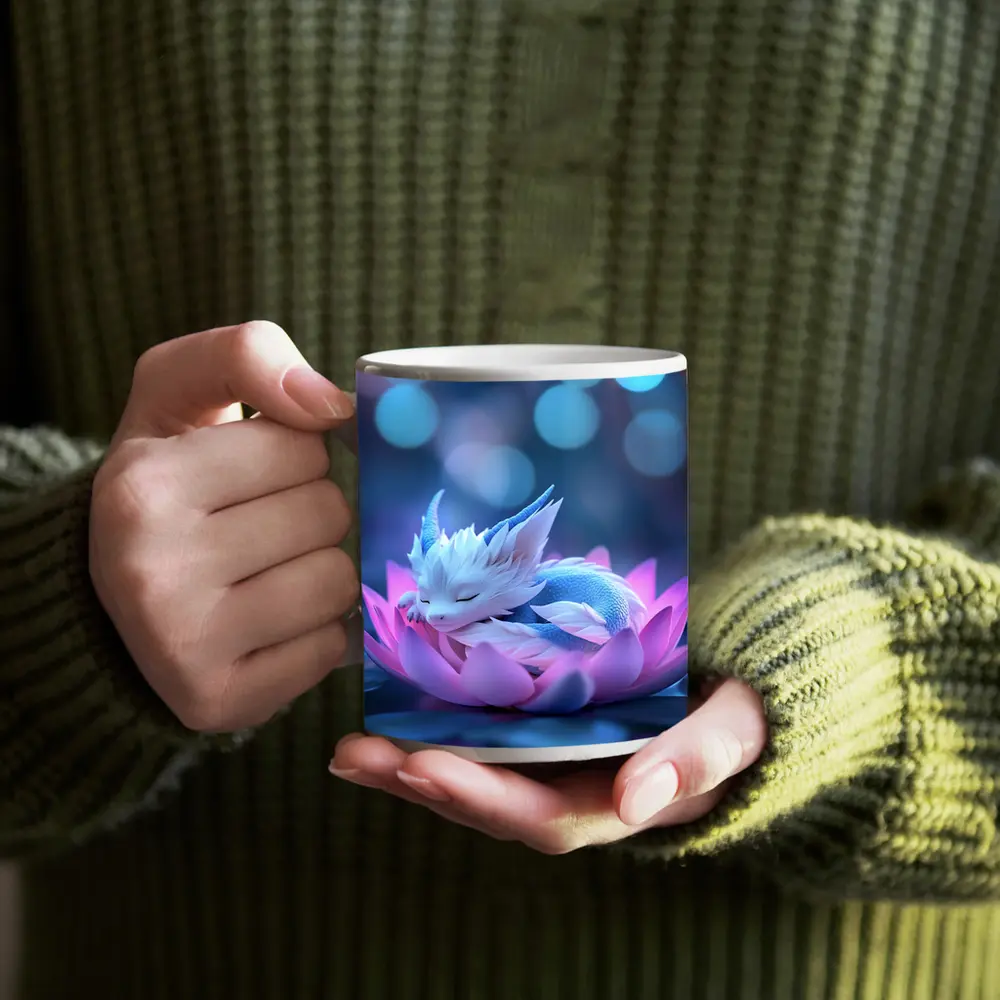 Sleeping Baby Dragon on Pink Lotus – Mugs