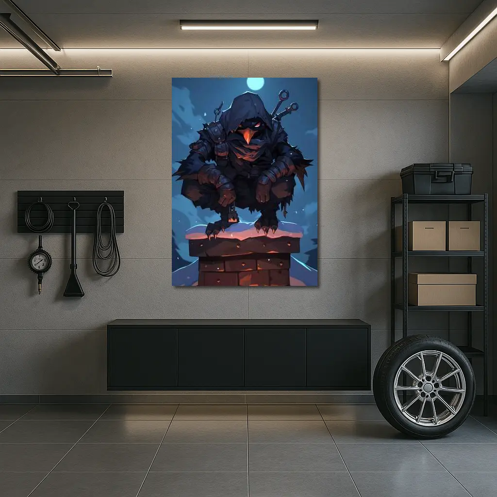 Dark Raven Warrior Crouching On Snowy Chimney – Wall Art