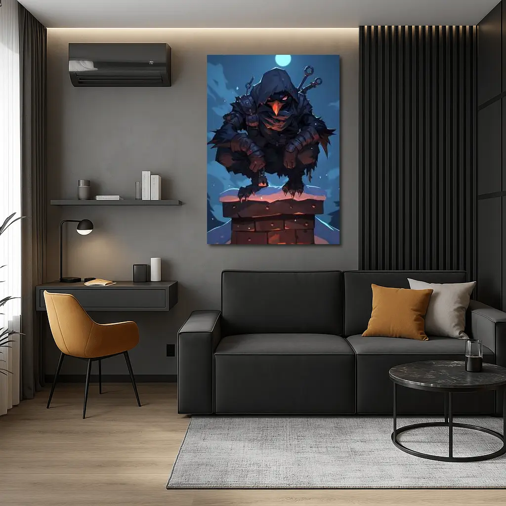 Dark Raven Warrior Crouching On Snowy Chimney – Wall Art