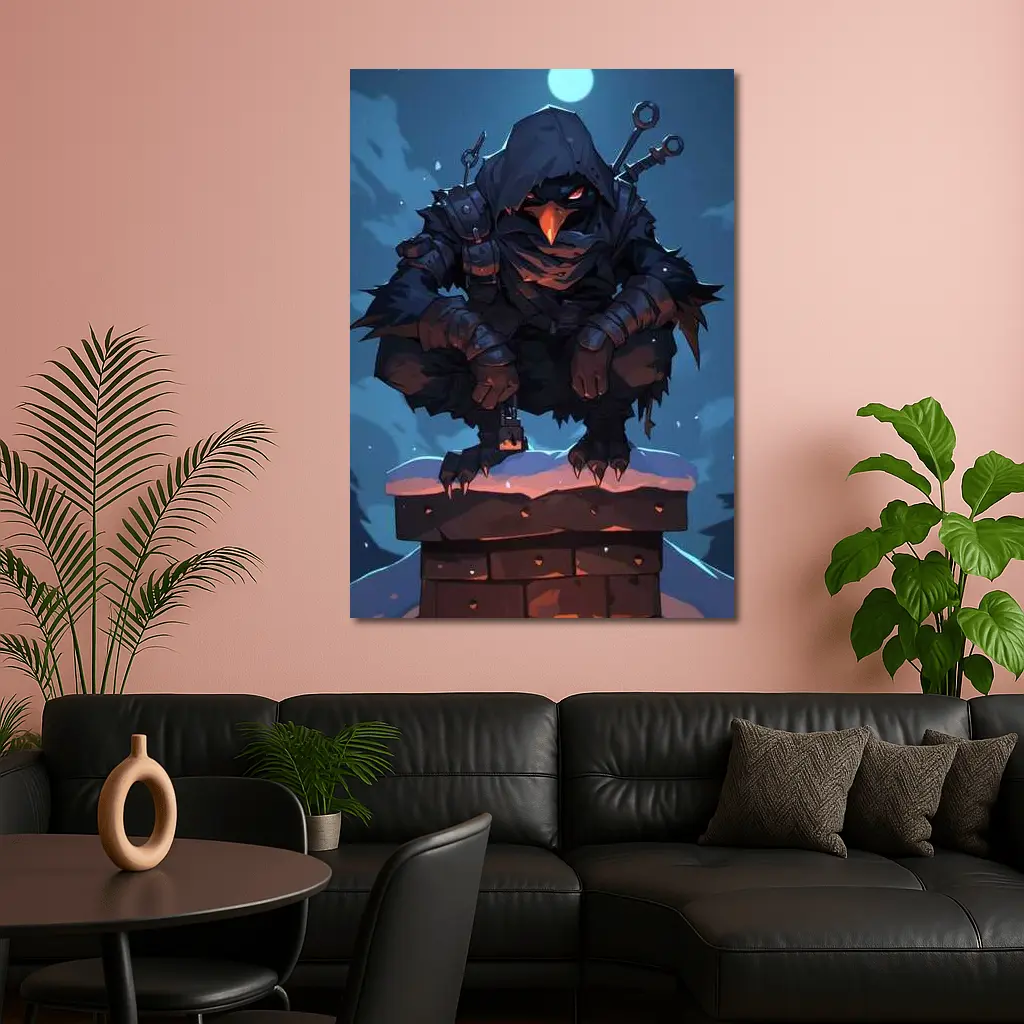 Dark Raven Warrior Crouching On Snowy Chimney – Wall Art