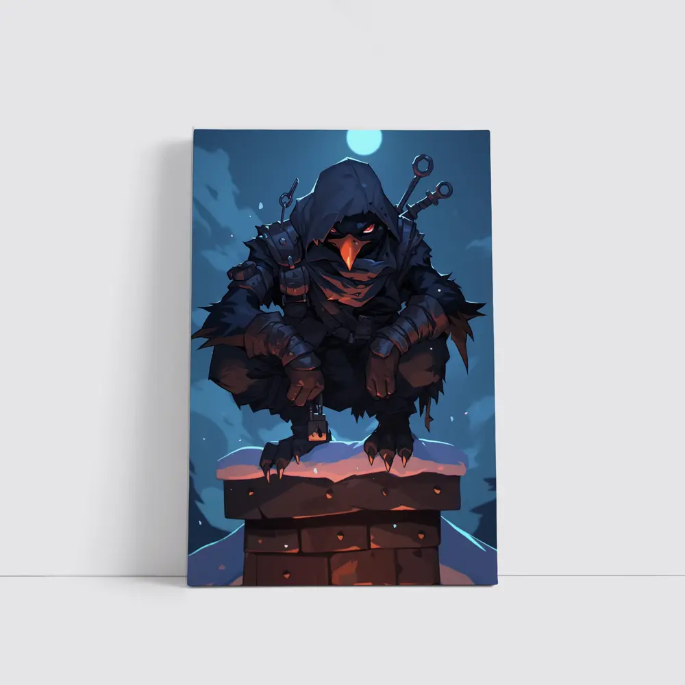 Dark Raven Warrior Crouching On Snowy Chimney – Wall Art