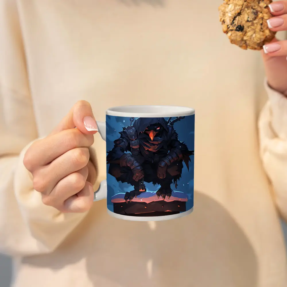Dark Raven Warrior Crouching On Snowy Chimney – Mugs