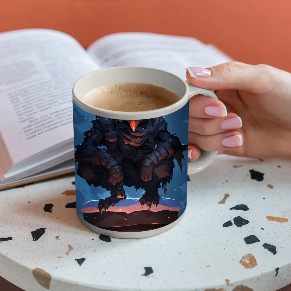 Dark Raven Warrior Crouching On Snowy Chimney – Mugs
