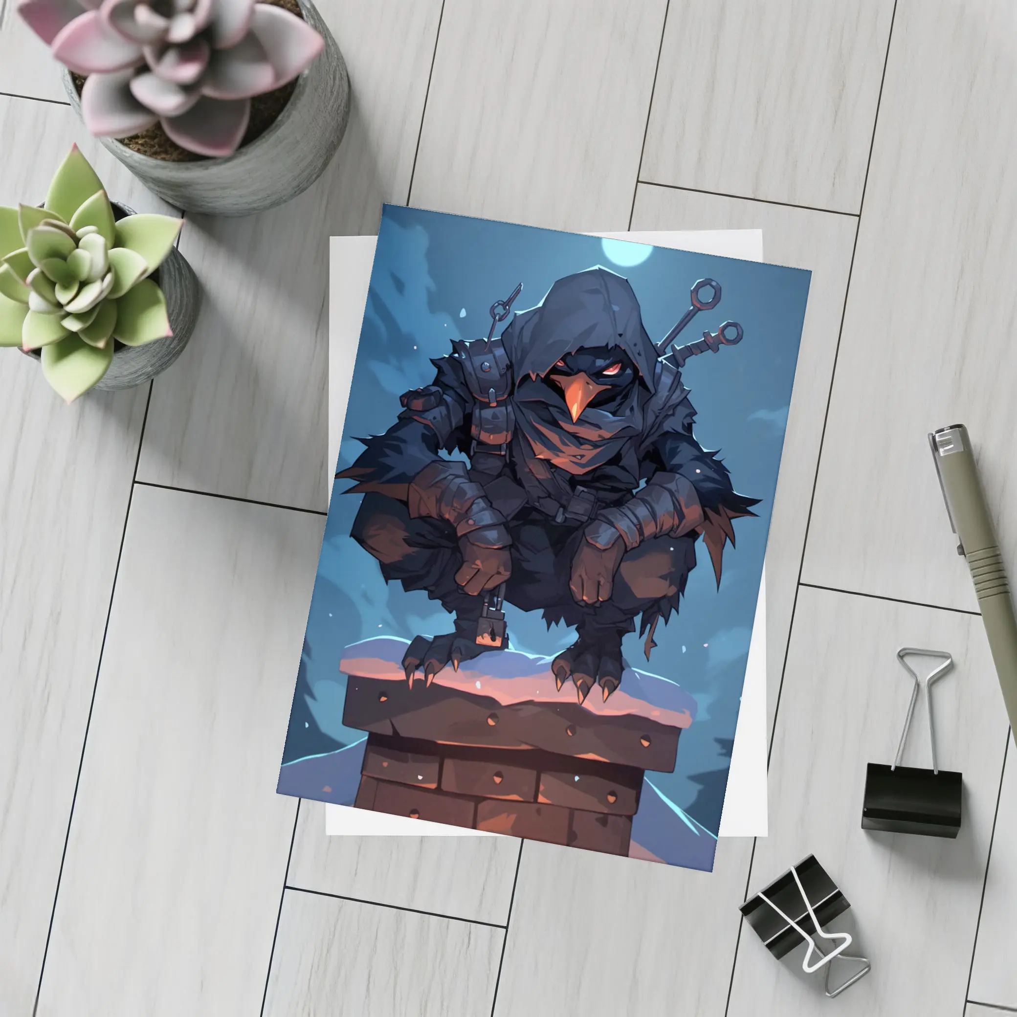 Dark Raven Warrior Crouching On Snowy Chimney – Postcards