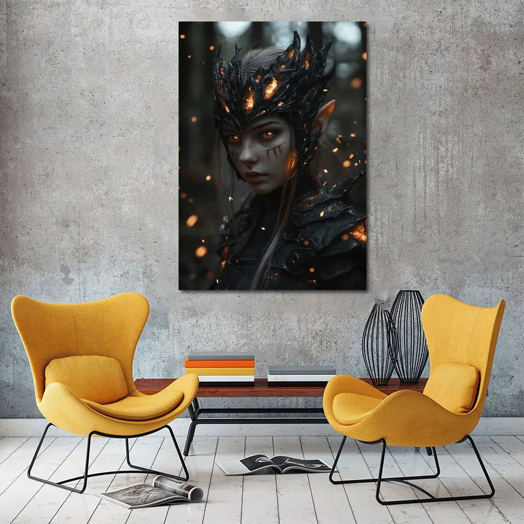 Dark Elf Warrior Forest Fire Fantasy Art – Wall Art