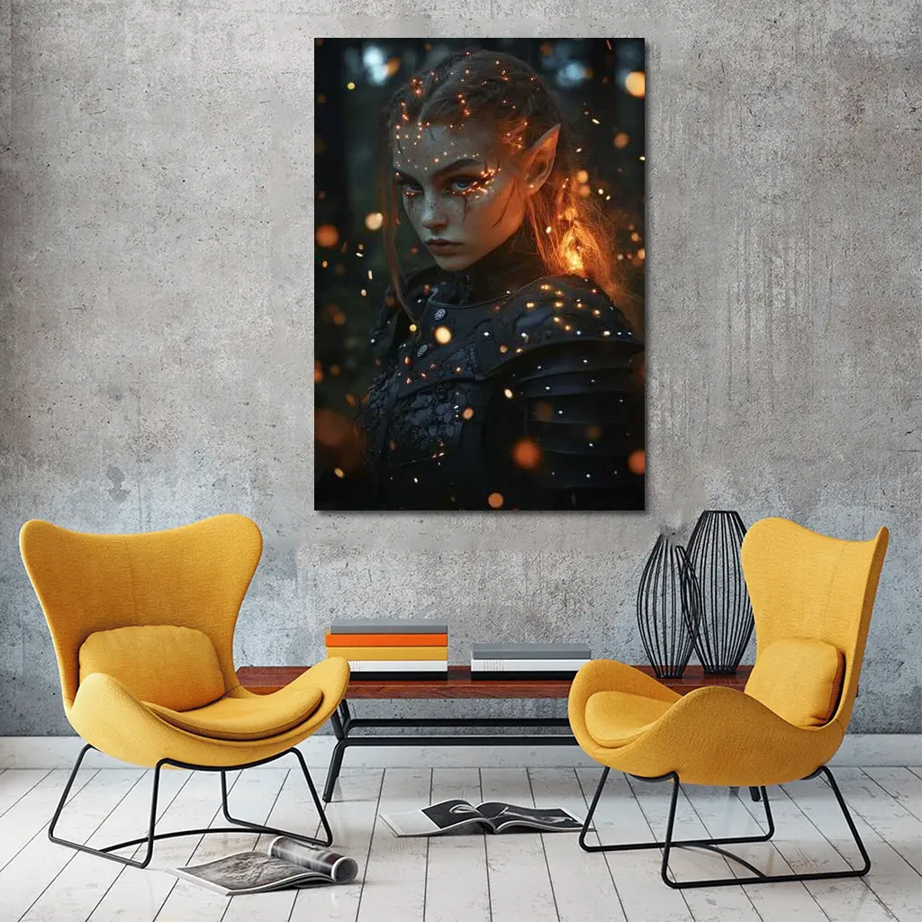 Dark Elf Warrior Girl Glowing Forest Night – Wall Art