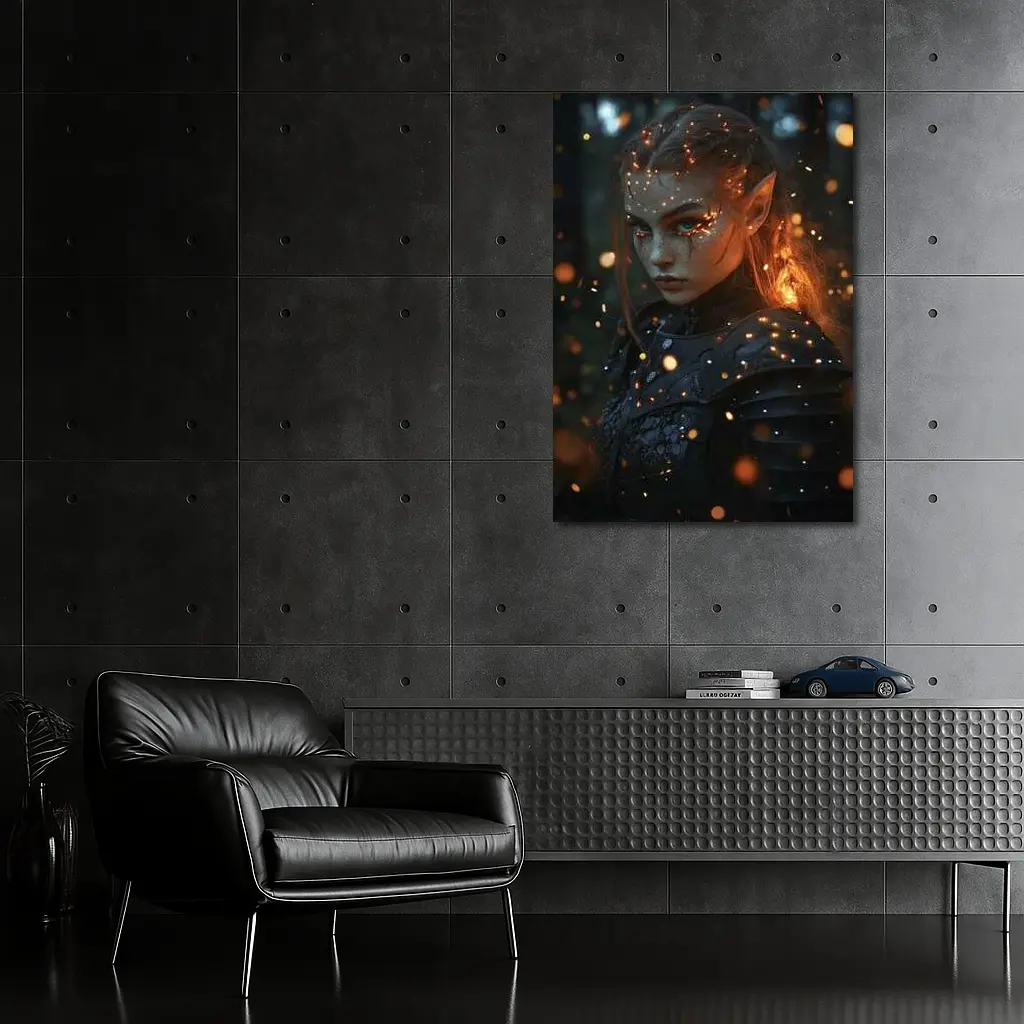 Dark Elf Warrior Girl Glowing Forest Night – Wall Art