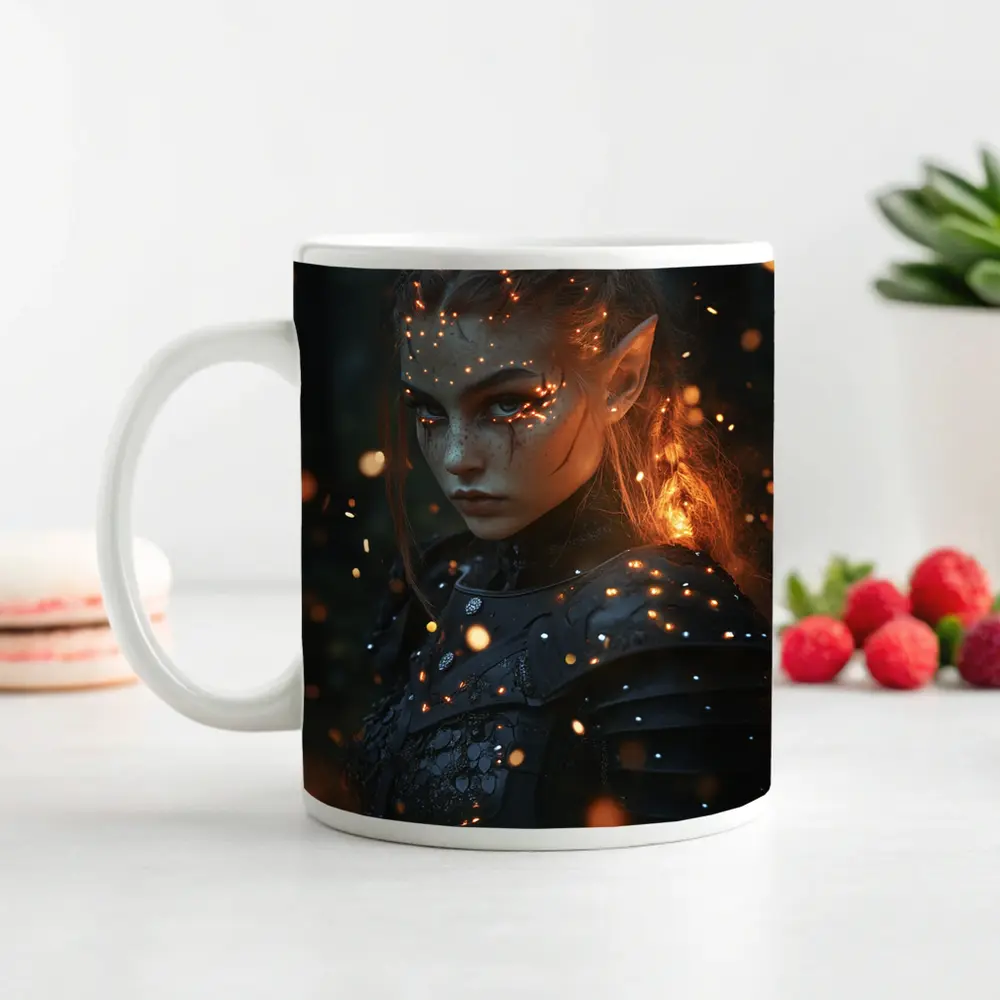 Dark Elf Warrior Girl Glowing Forest Night – Mugs