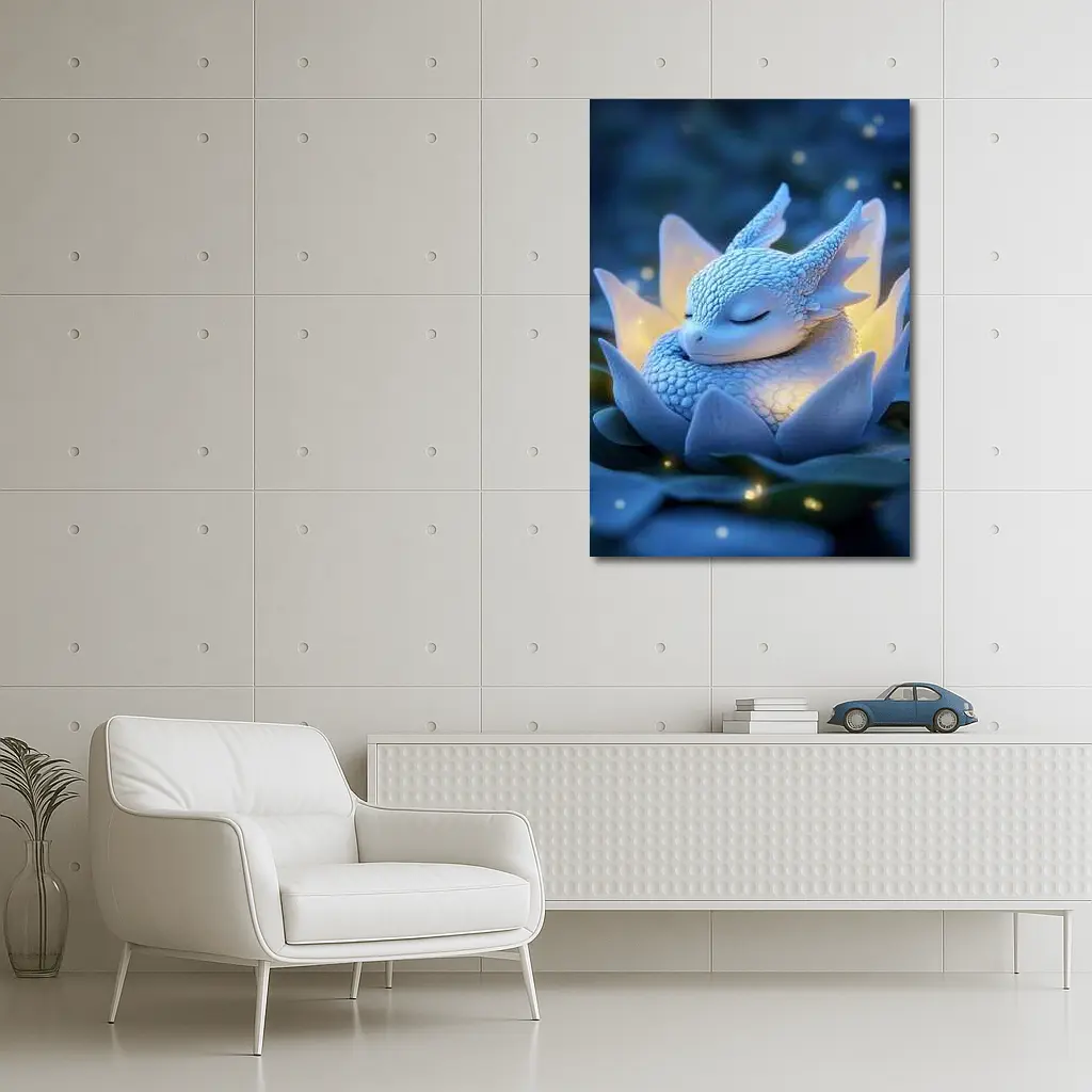 Sleeping Baby Dragon Blue Lotus Fantasy – Wall Art
