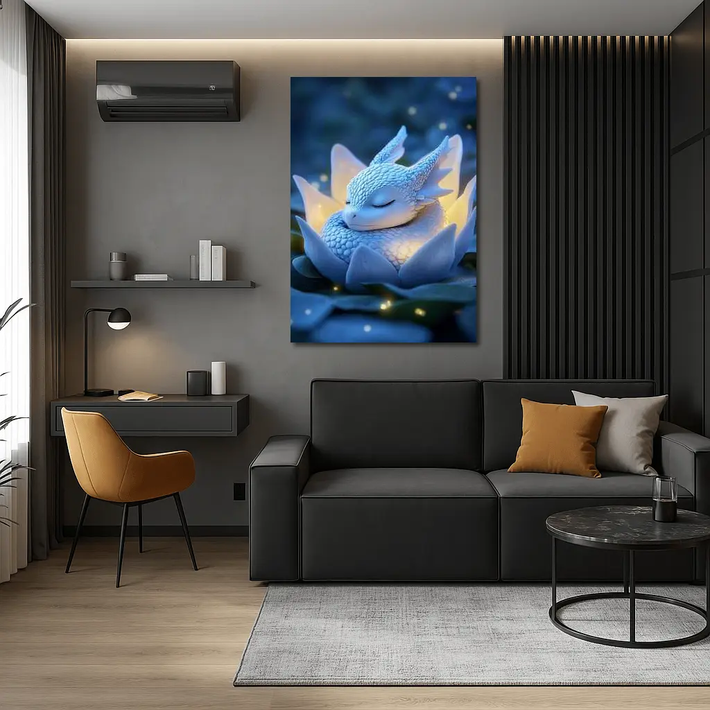 Sleeping Baby Dragon Blue Lotus Fantasy – Wall Art