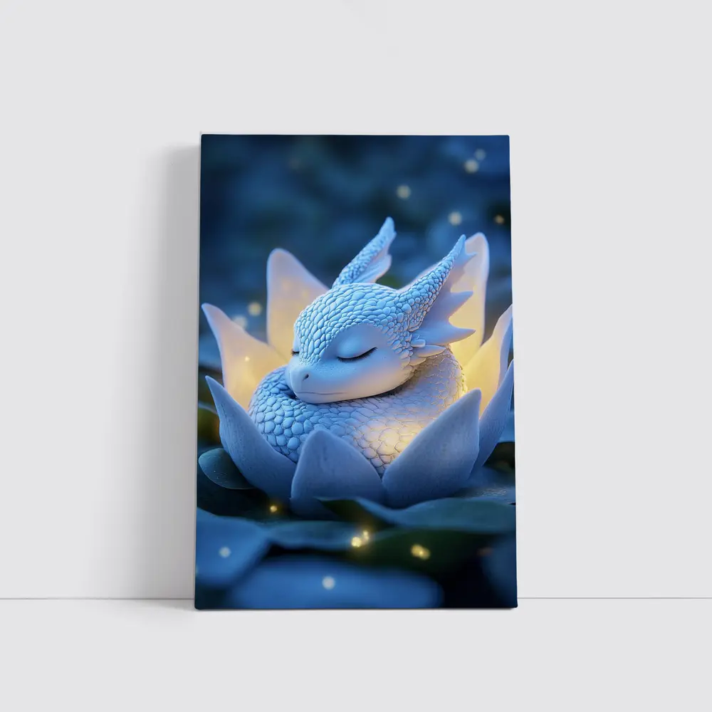 Sleeping Baby Dragon Blue Lotus Fantasy – Wall Art