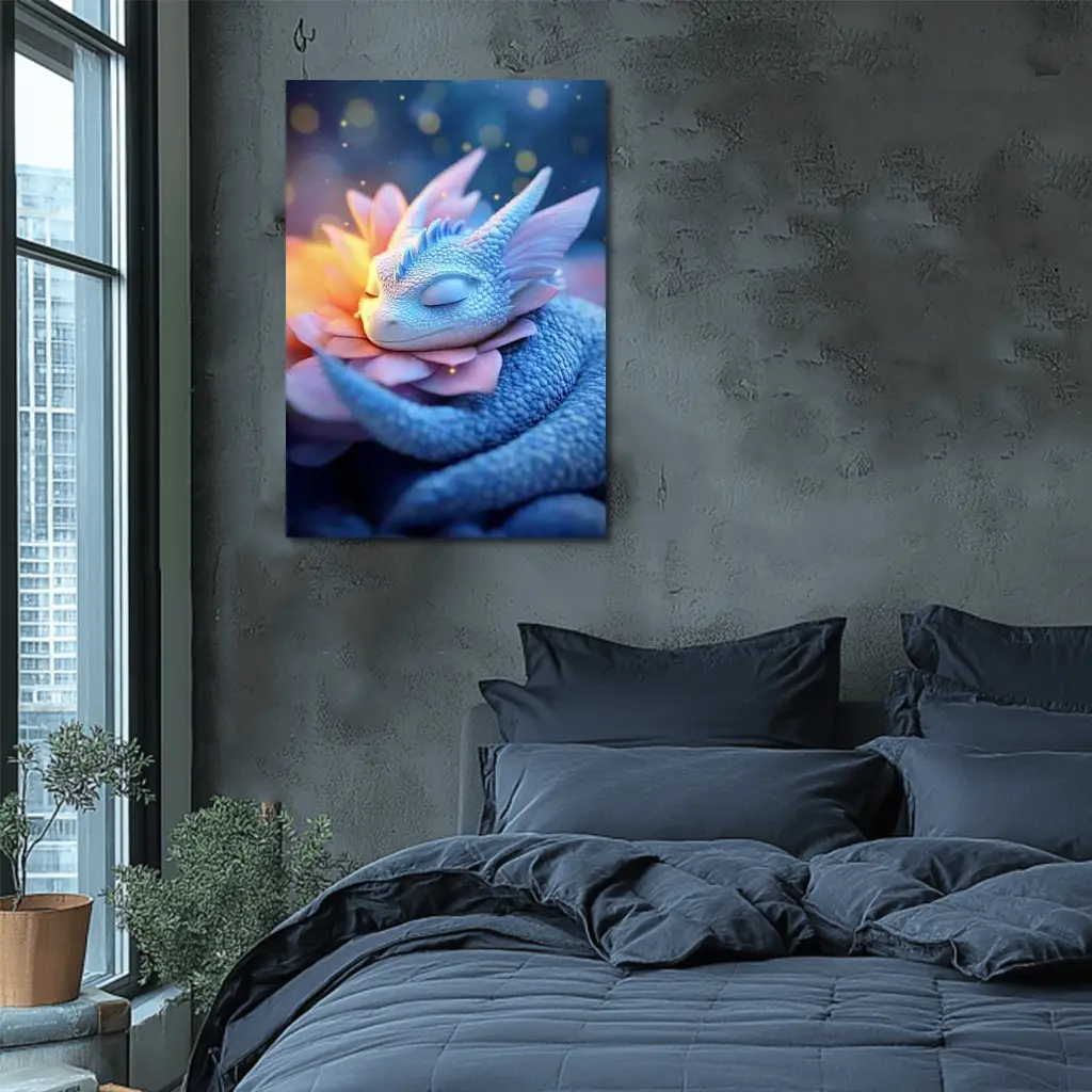 Sleeping Baby Dragon Blue Floral Fantasy – Wall Art