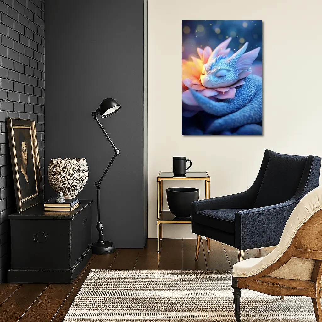 Sleeping Baby Dragon Blue Floral Fantasy – Wall Art