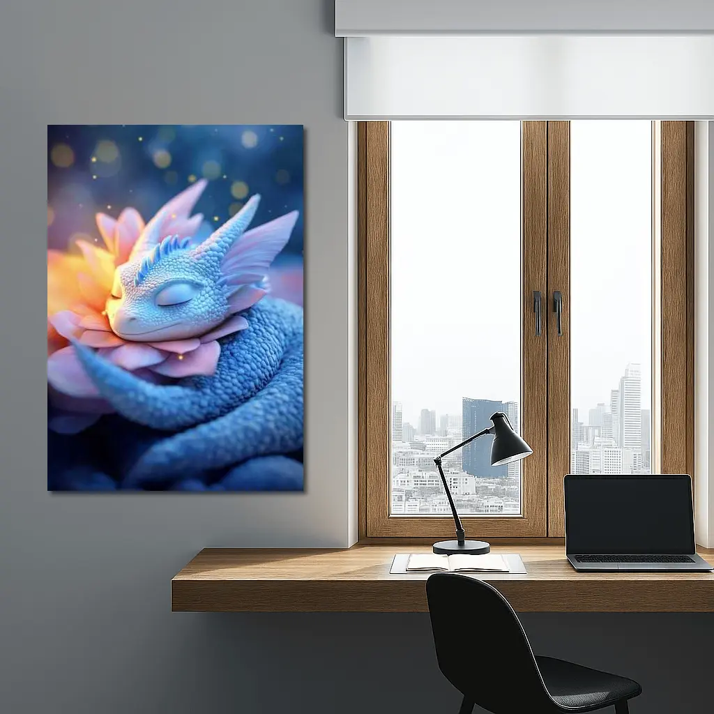 Sleeping Baby Dragon Blue Floral Fantasy – Wall Art