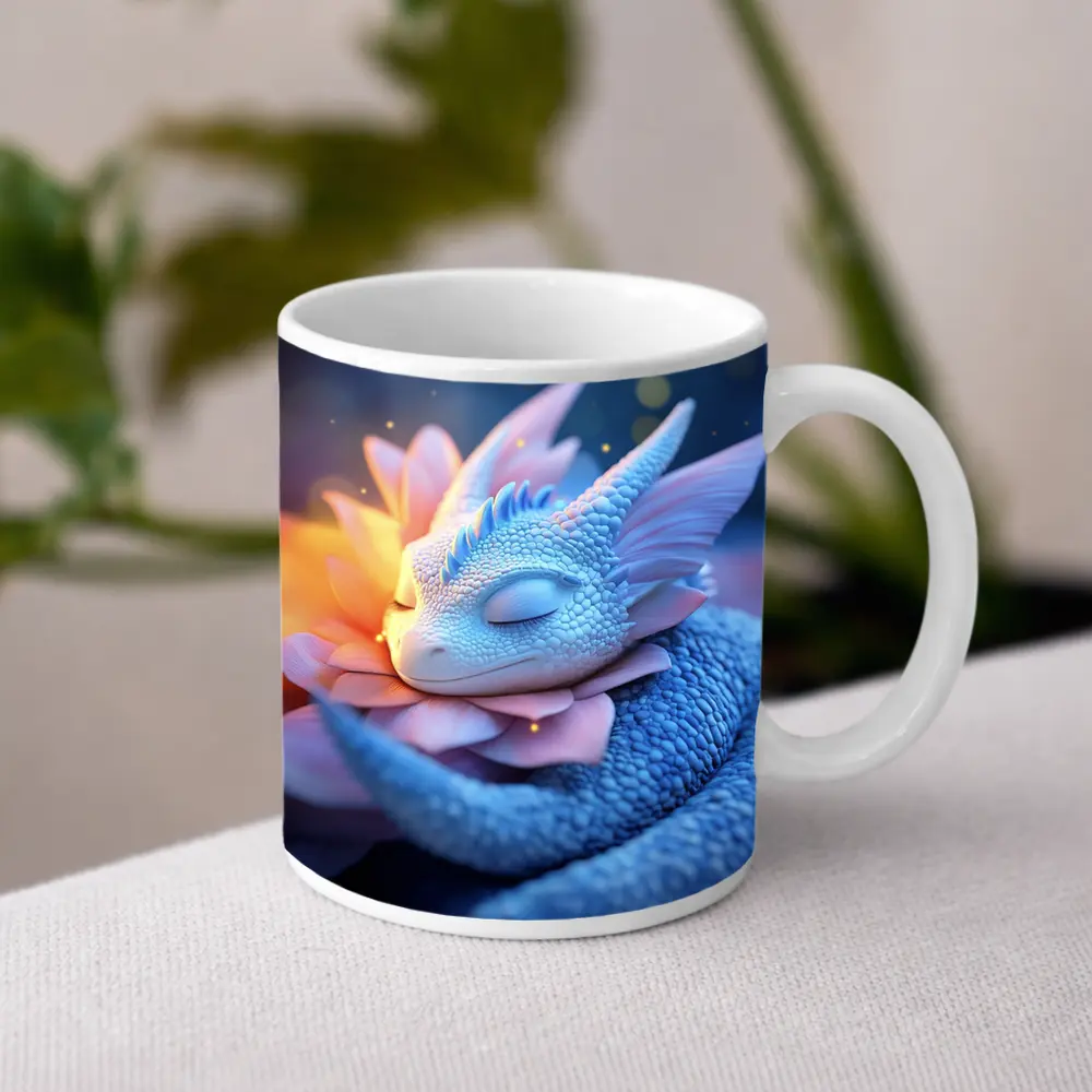Sleeping Baby Dragon Blue Floral Fantasy – Mugs