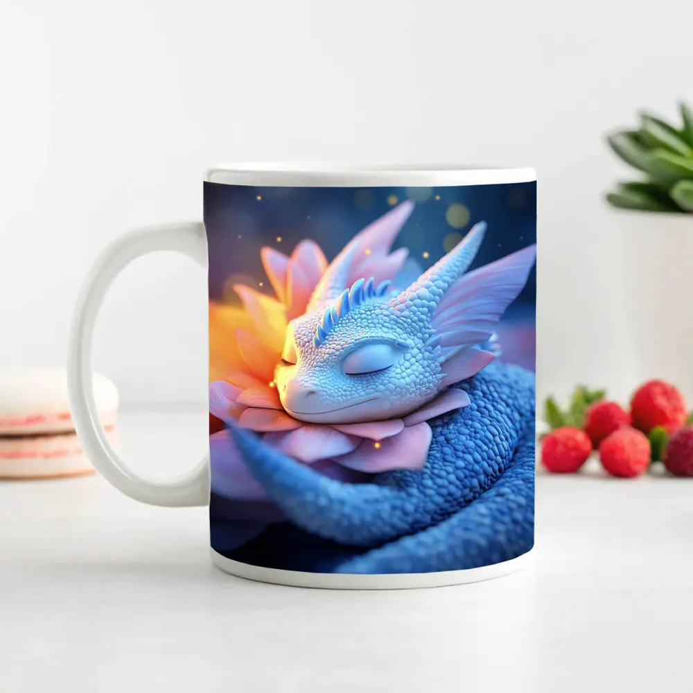 Sleeping Baby Dragon Blue Floral Fantasy – Mugs