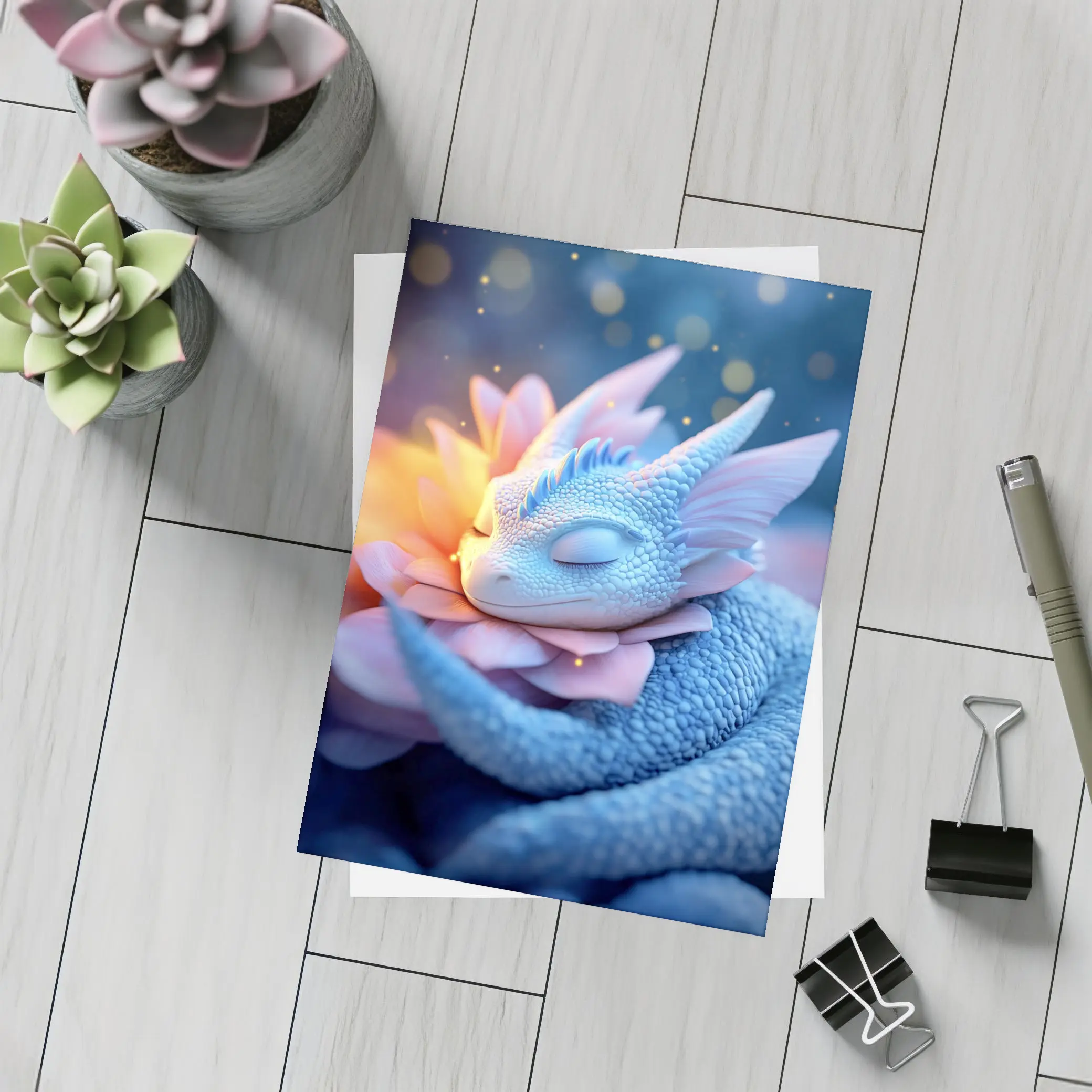 Sleeping Baby Dragon Blue Floral Fantasy – Postcards