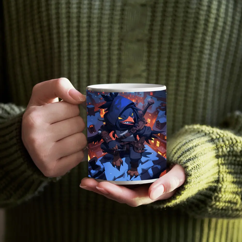 Ninja Crow Anime Art Snowy City Night – Mugs