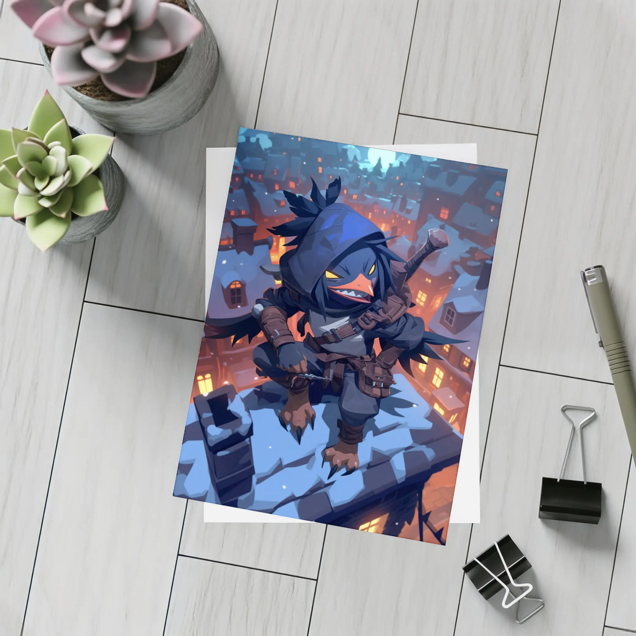 Ninja Crow Anime Art Snowy City Night – Postcards